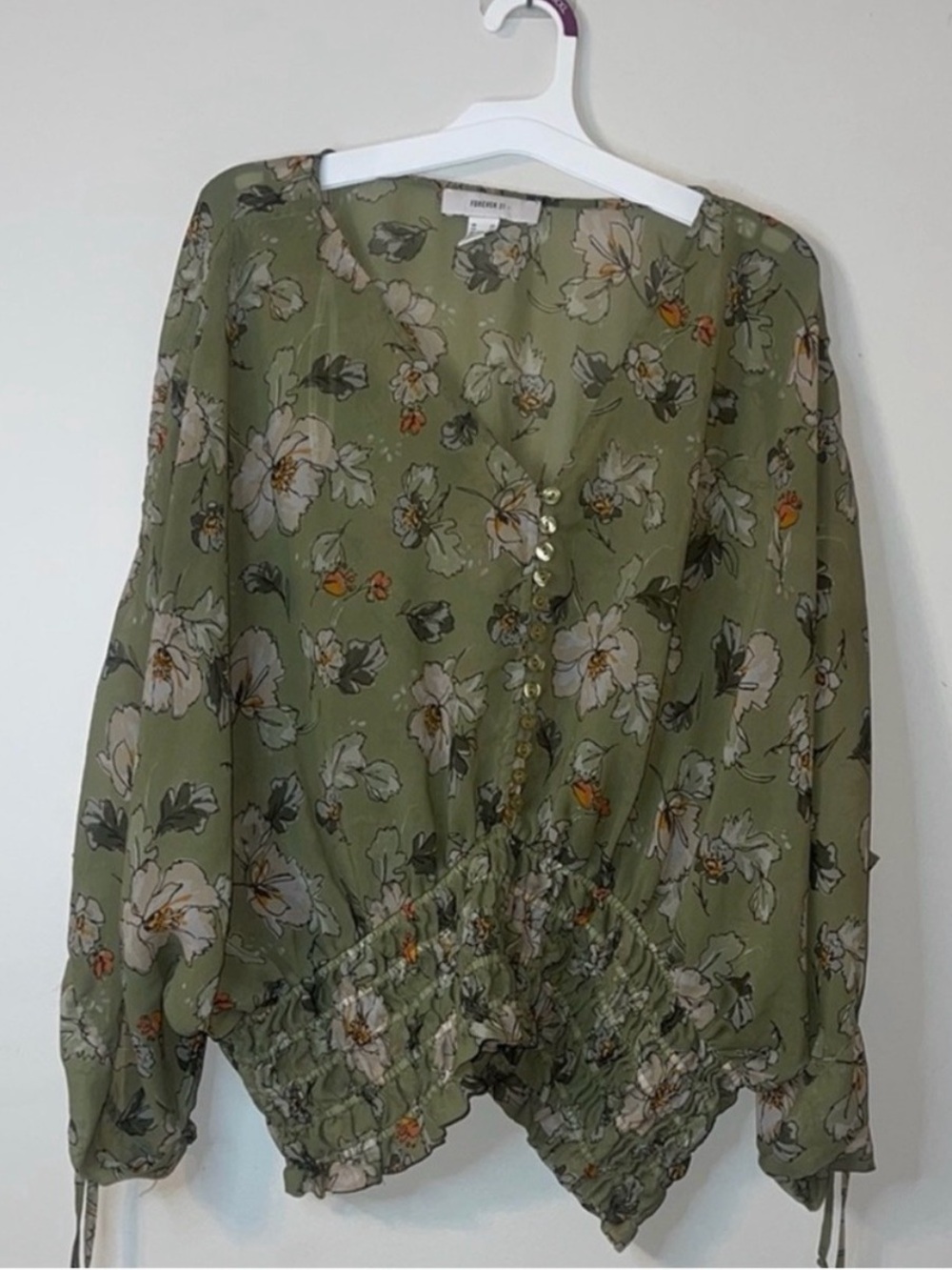 Forever 21+ Sage Green Floral Sheer Peasant Blouse Smocked Waist 2X EUC
